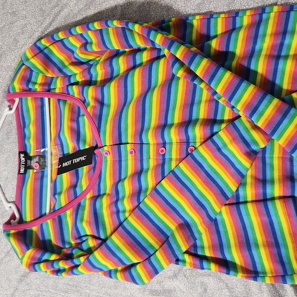 XL Rainbow Ribbed 90s Sweater Cardigan Retro Babydoll Goth Kawaii Button Pinup - Picture 2 of 4
